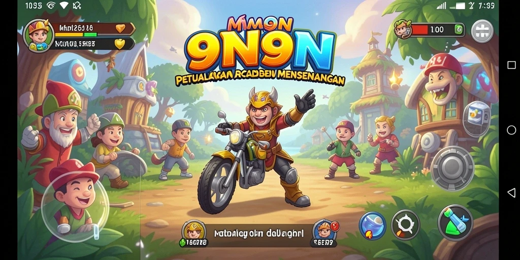 Tampilan gameplay seru dari 9N9N dengan karakter berwarna-warni.